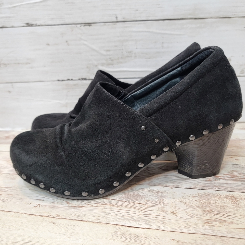 Dansko Nori black suede studded clog heels